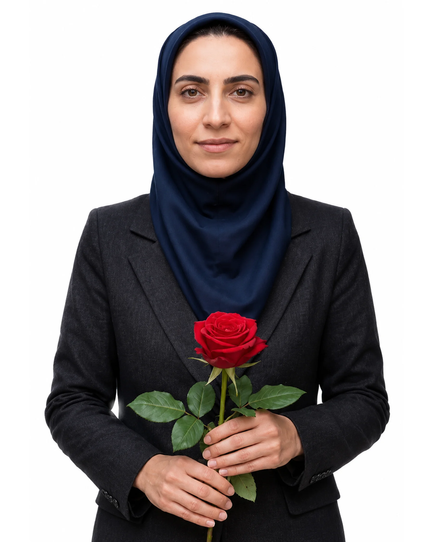 Portrait of Mahdiyeh Rasouli holding a red rose